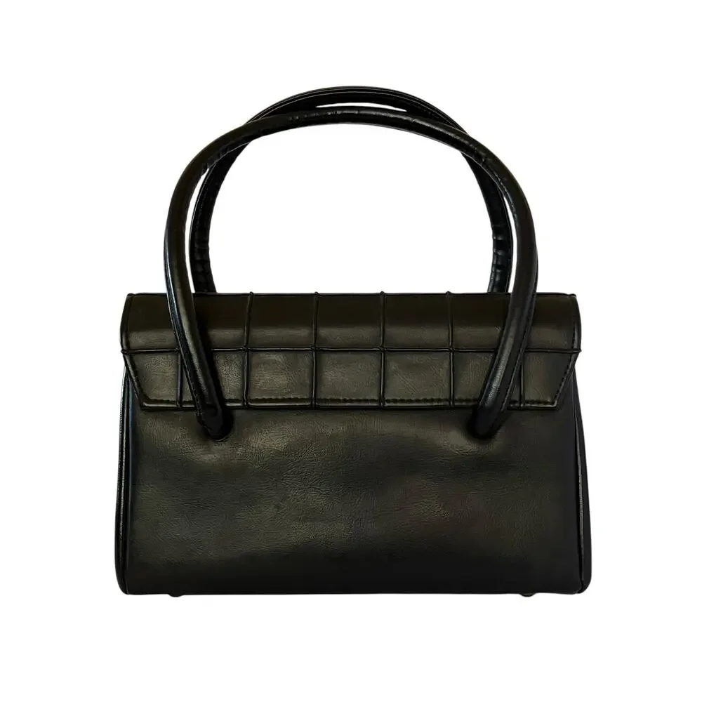 Vintage Verdi Black Embossed Turnlock Satchel Handbag - Made in USA